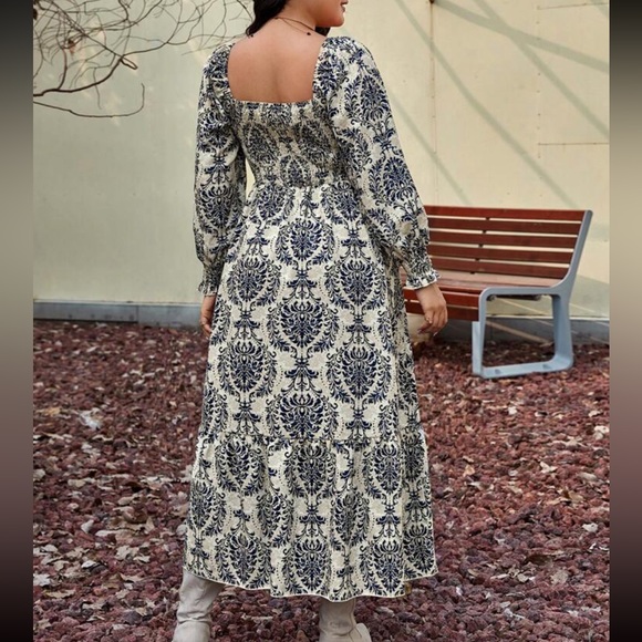 Boho Plus Size Damask Print Smock Maxi Dress Without Belt - Picture 2 of 5